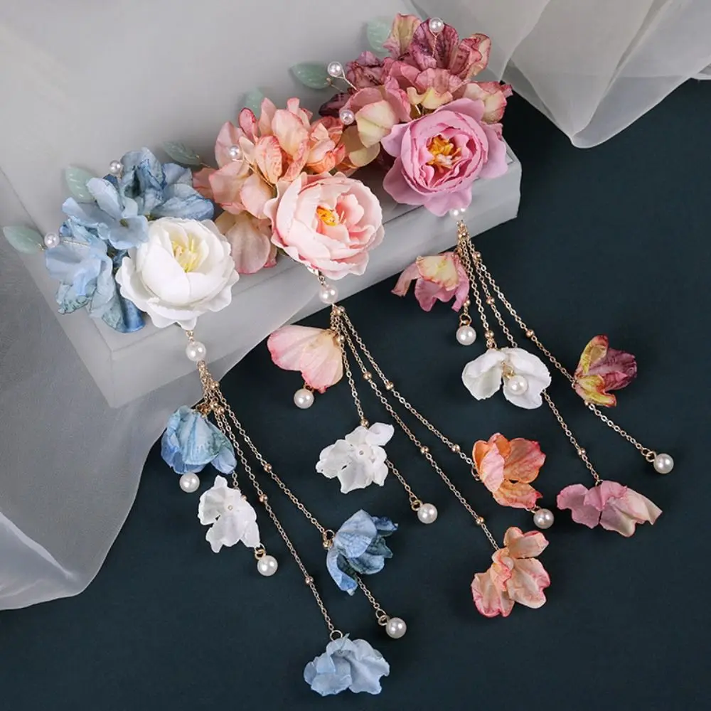 Charming Artificial Flower Floral Hairpin Forks U-shaped Tassel Hanfu Hair Accessories Multicolor Chinese Style Hairpins Hanfu