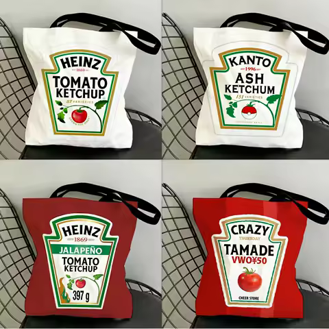 Funny Ketchup Label Storage Bags Canvas Double-Sided Print Fashion Shoulder Tote Shopping Bag Gift Eco Handbags