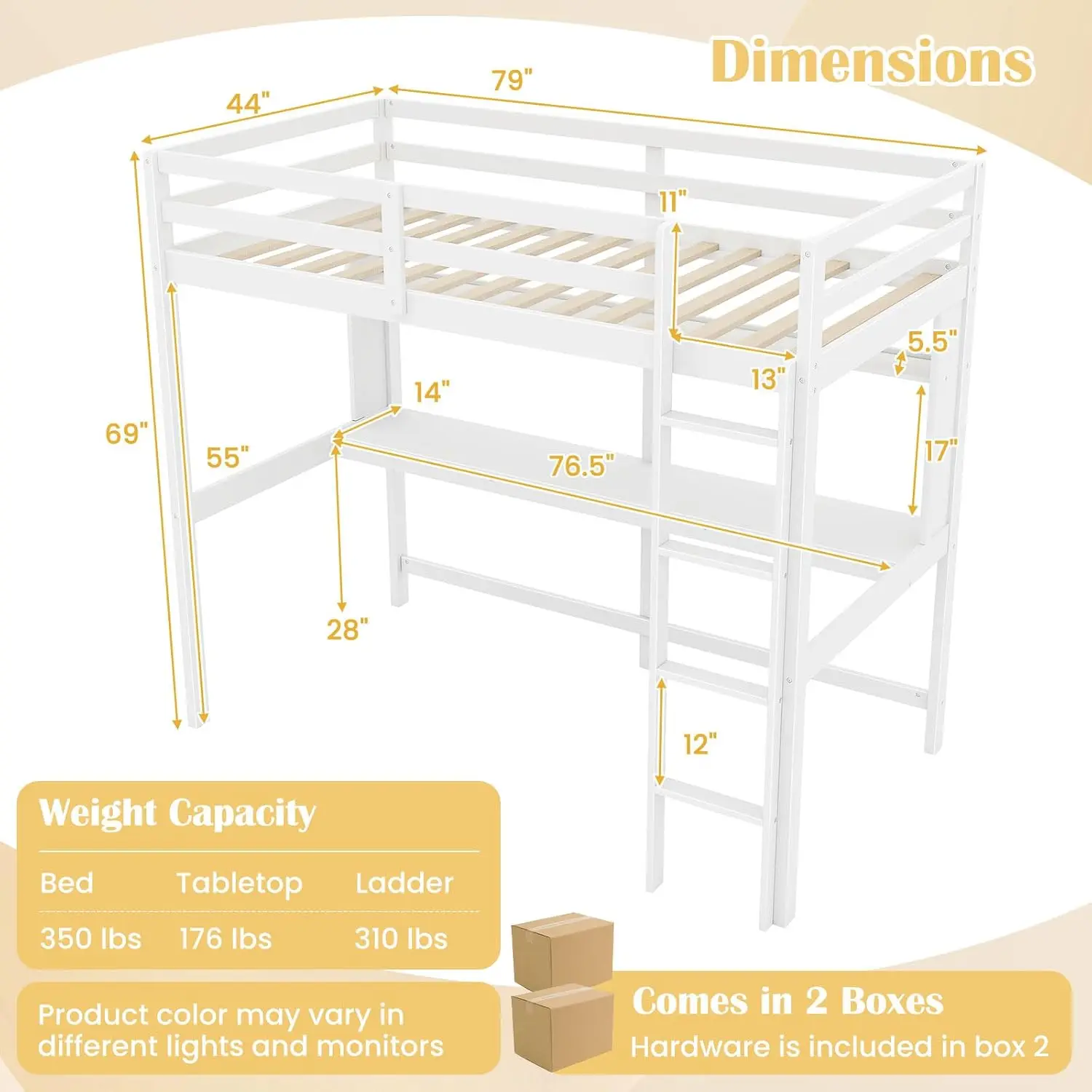 Twin Loft Bed with Desk & Ladder, Solid Pine Frame, Guardrails, No Box Spring, Space-Saving for Home & Dorm, White, Customized