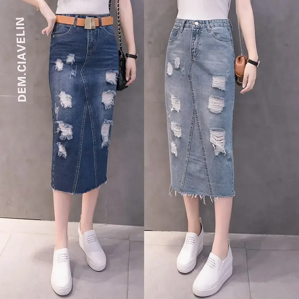 

Fashion Denim Skirt Summer High Waist Mid-Lenth Skirts Embroidry Flower Jeans Skirt Female Oversize A-line Pencil Skirts