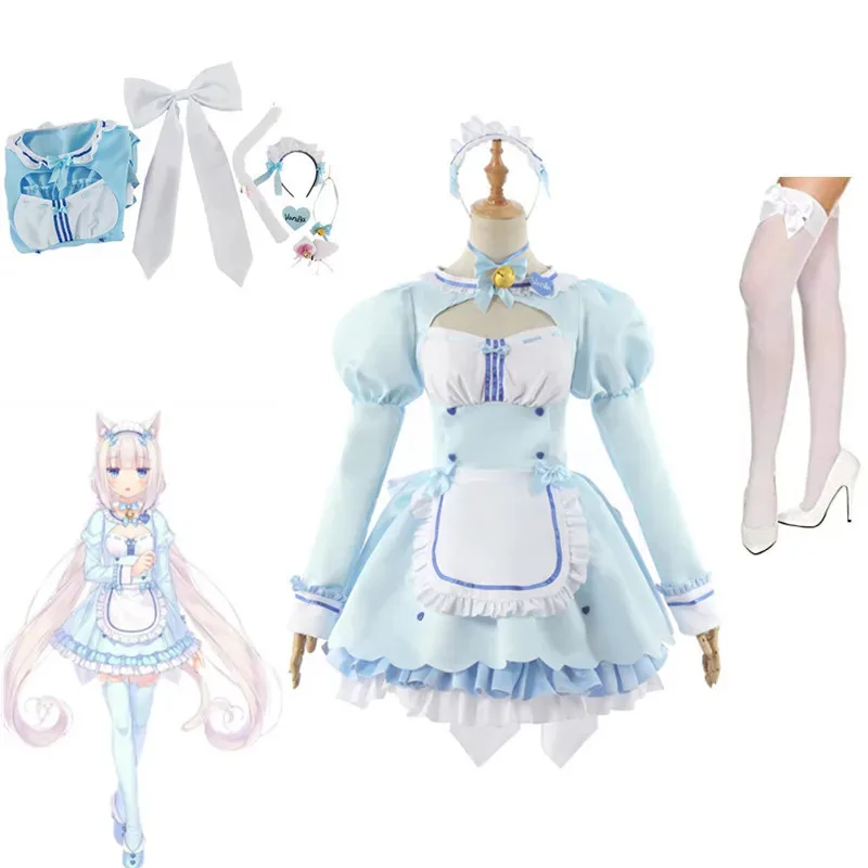 Peluca de Cosplay de Anime Nekopara de vainilla, disfraz de sirvienta, vestido de Lolita azul, fiesta de Halloween, espectáculo, trajes de juego de rol para mujer