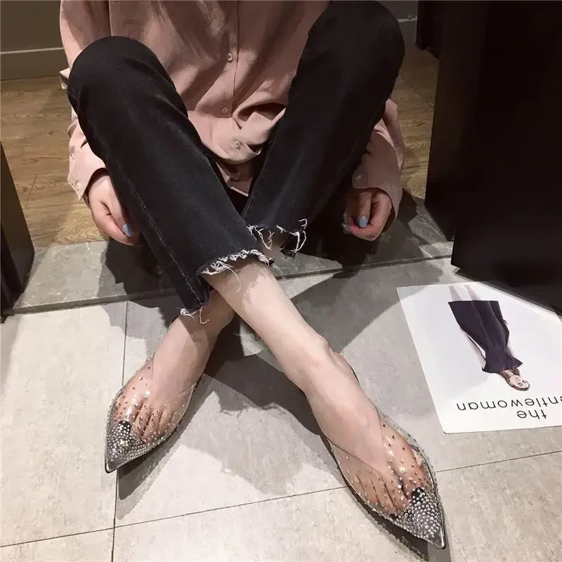 Women's Slippers and Ladies Sandals Transparent Flat Outside Pointed Toe Sliver Slides Jewels Shoes Crystals Rhenstone Mules Eva