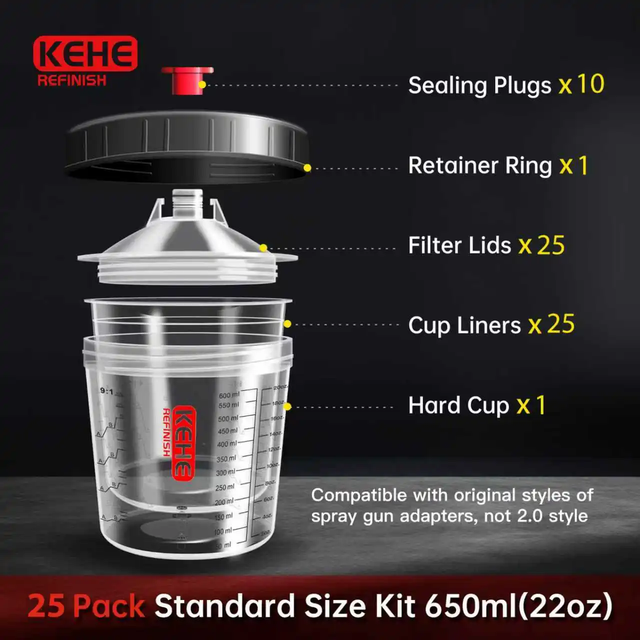 25Pcs Disposable Spray Gun Paint Mixing Cups – 175ml, 350ml, 600ml, 810ml Options Only 600ml Includes Spray Gun Cup Adapter