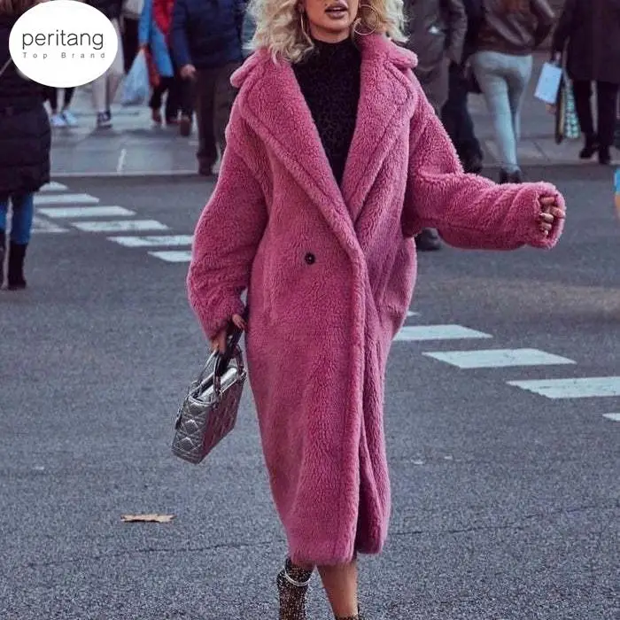 PERITANG Home Autumn/Winter Mid length Teddy Bear Coat Pink Grain Sheep Camel Fleece Silhouette Wool Coat