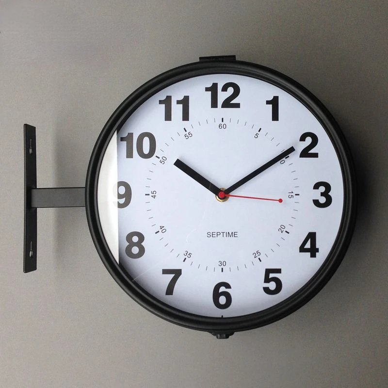 

Small Double Sided Wall Clock Simple Fashion Round Clock Cool Black Ultra Quiet Living Room Metal Modern Clock