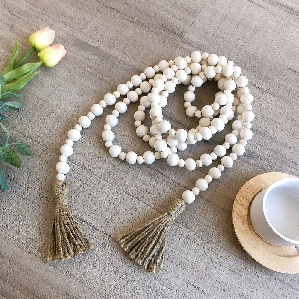 

Wooden Bead Garland Rustic Neutral Wall Hanging Home Decor Hemp Rope Tassel Beads String Creative Wood Beads Bedroom Garden