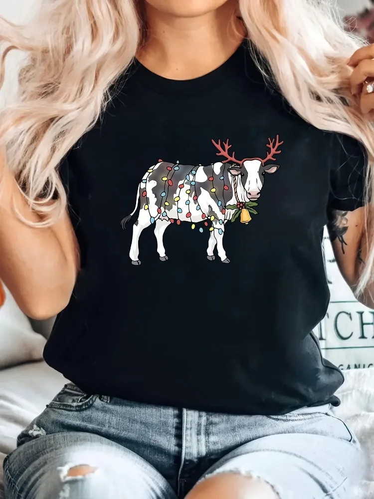 

Женская хлопковая футболка с рождественскими огнями, подходящая для дома и отдыха. Универсальные и универсальные с короткими рукавами.