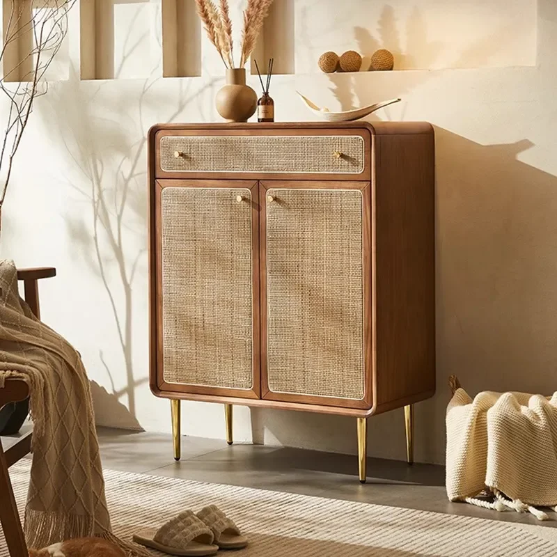Solid Wood Shoe Cabinet Rattan Entryway Storage Simple Layered Baffle Home Entrance Fashion Organizer