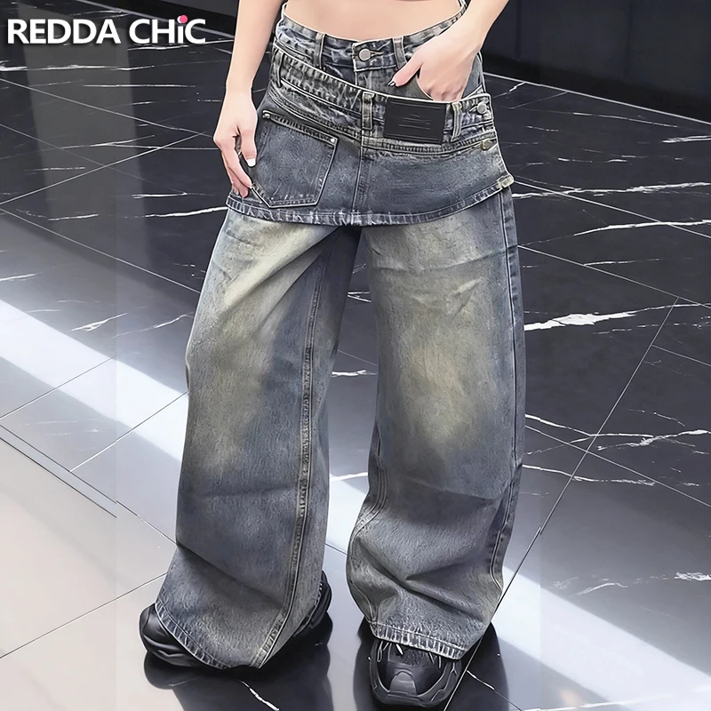 

REDDACHiC Fake Two-piece Baggy Jeans with Pockets Vintage Washed Overlap Waist Loose Casual Wide Leg Denim Pants Men Bottoms
