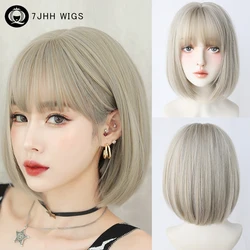 7JHH WIGS High Density Synthetic Short Straight Beige Bob Wig for Women Heat Resistant Ash Platinum Hair Wigs with Air Bangs