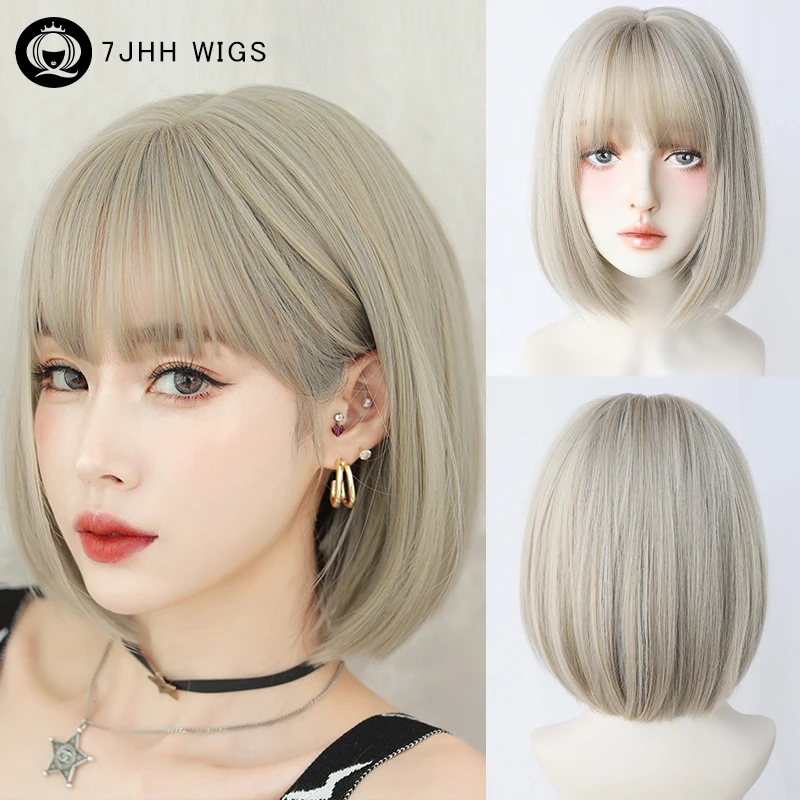 7JHH WIGS Syntetyczna peruka o wysokiej gęstości, krótka, prosta, beżowa peruka Bob dla kobiet Odporna na ciepło peruka z platynowymi włosami z grzywką powietrzną
