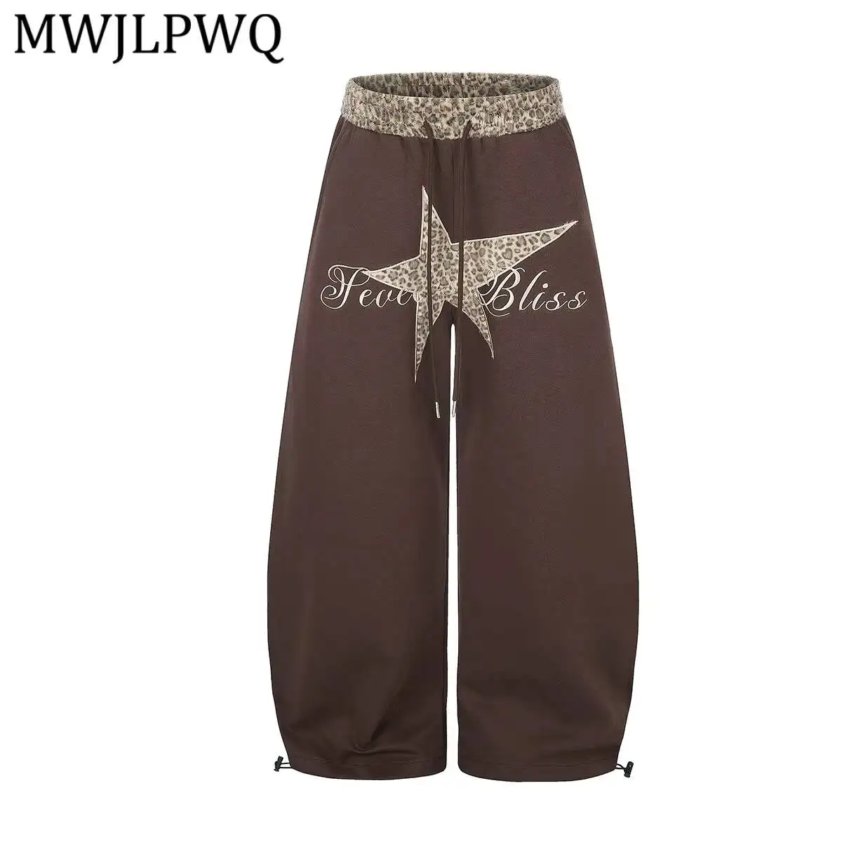 MWJLPWQ Dual Drawstring Baggy Sweatpants Leopard Waist Patch Print Adjustable Cuff Unisex Y2k Street Casual Trousers New 17173