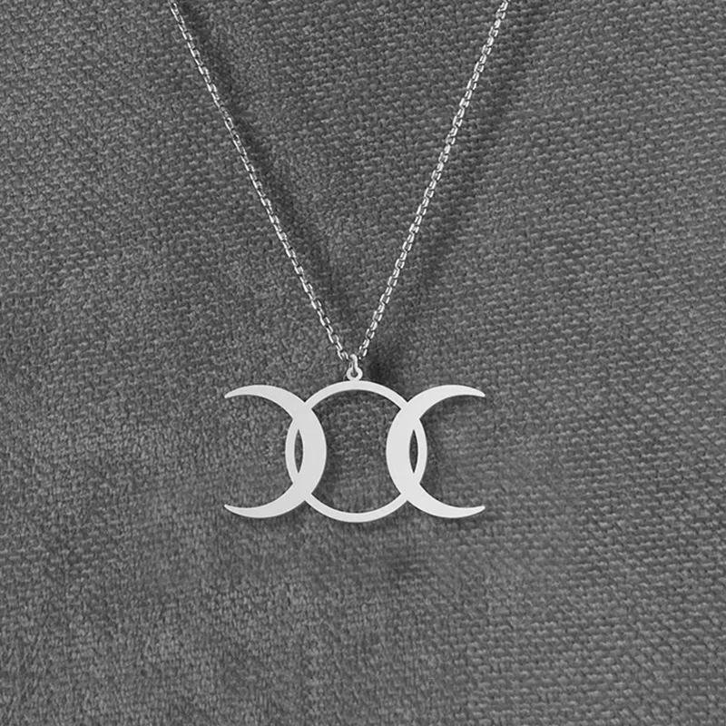 Stainless Steel Triple Moon Goddess Necklace Moon Phases Pendant Necklaces For Women Wicca Jewelry