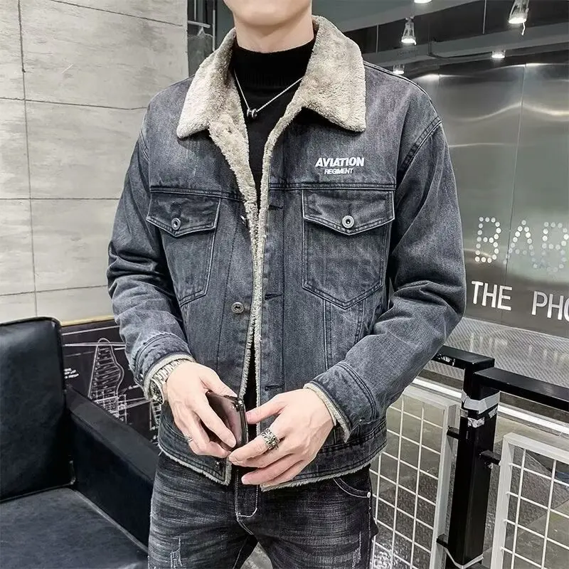 

Серые мужские куртки, осенне-зимние утепленные хлопковые пальто на подкладке из овечьего флиса, однобортные однобортные топы с лацканами, джинсовые куртки