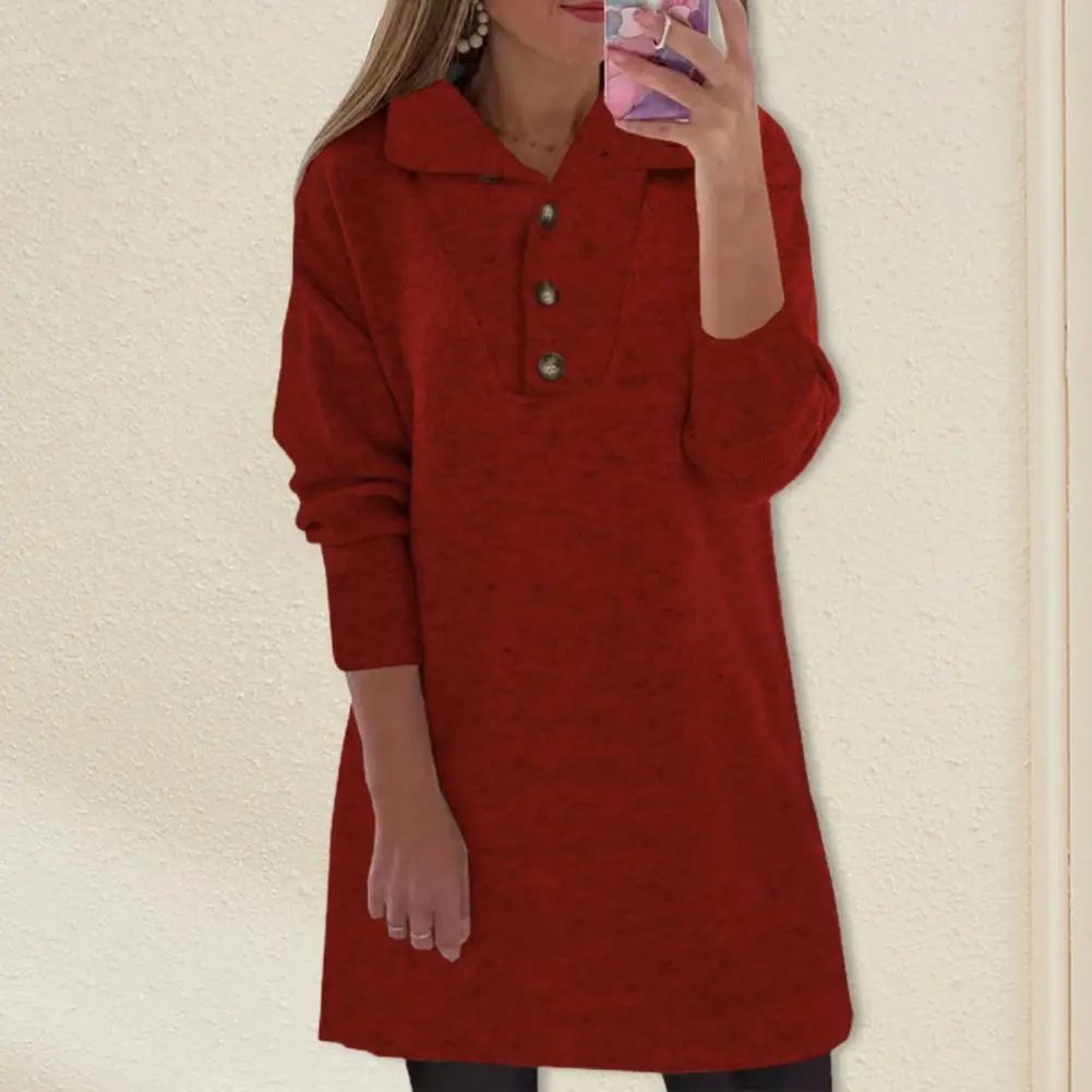 Women Pullover Dress Buttons Neckline Solid Color Turndown Collar Long Sleeve Streetwear Autumn Winter Loose Above Knee Dress