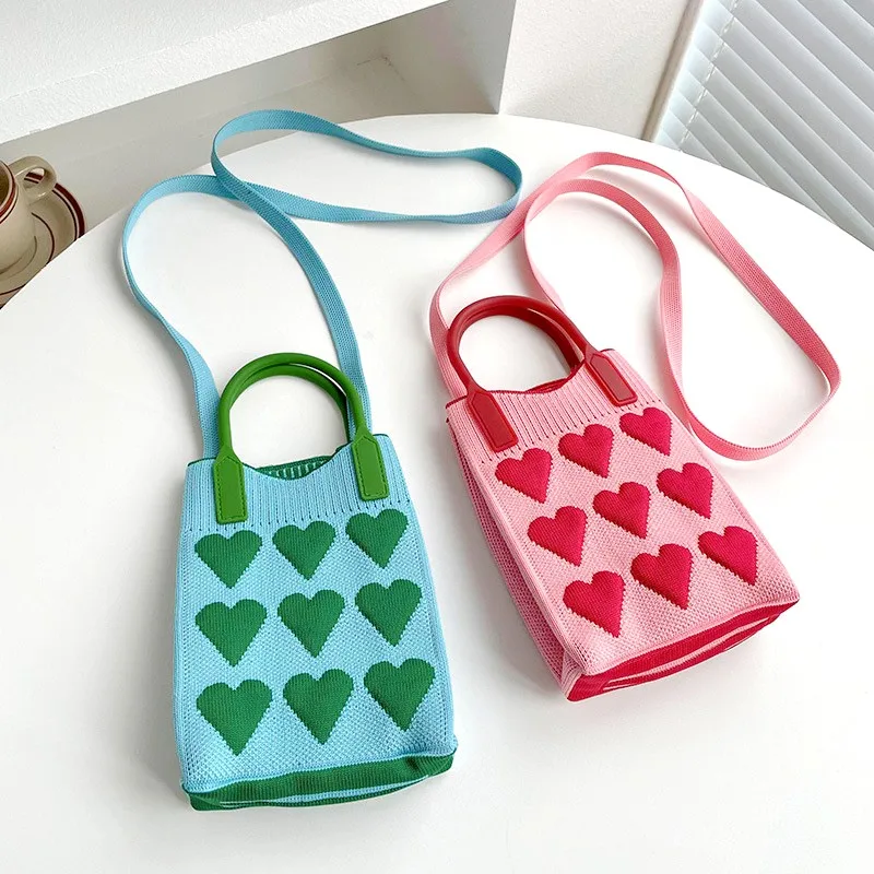 Mini Mobile Phone Shoulder Bag Love Knitted Handbag Korean Version Versatile Woven Leisure Tote Reusable Shopping Bags Fashion