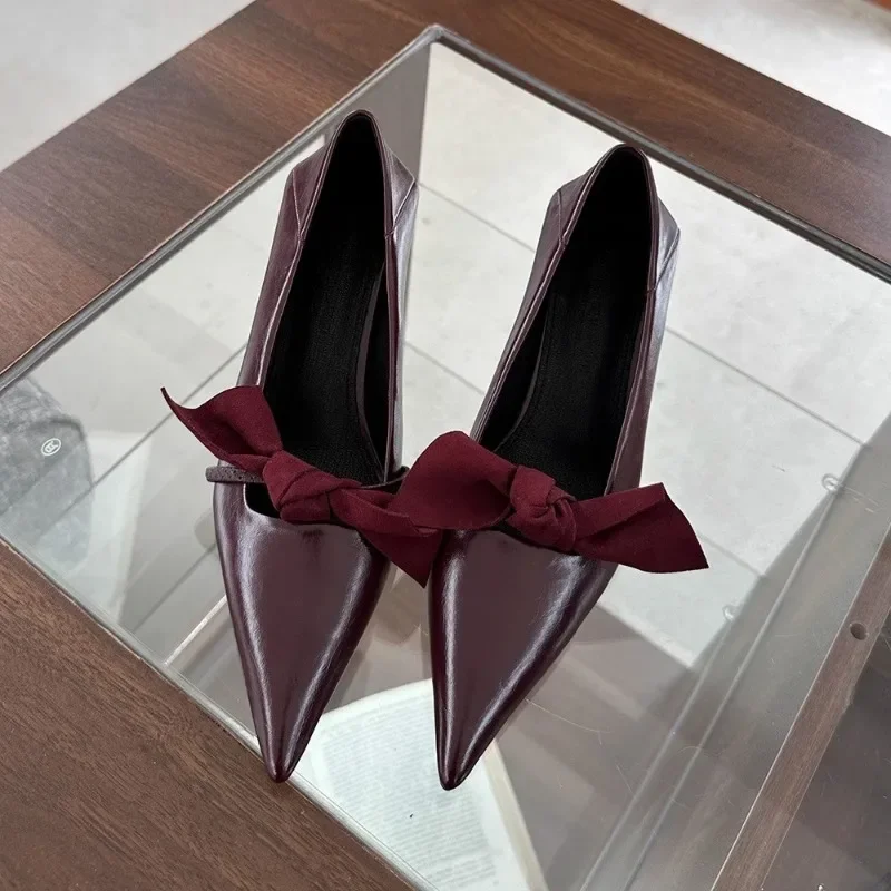 

Women Red Leather High Heeled Fashion Bow Knot Pointed Toe Pumps Shoes 2025 Elegant Office Slingback High Heeled Sandals Shallow