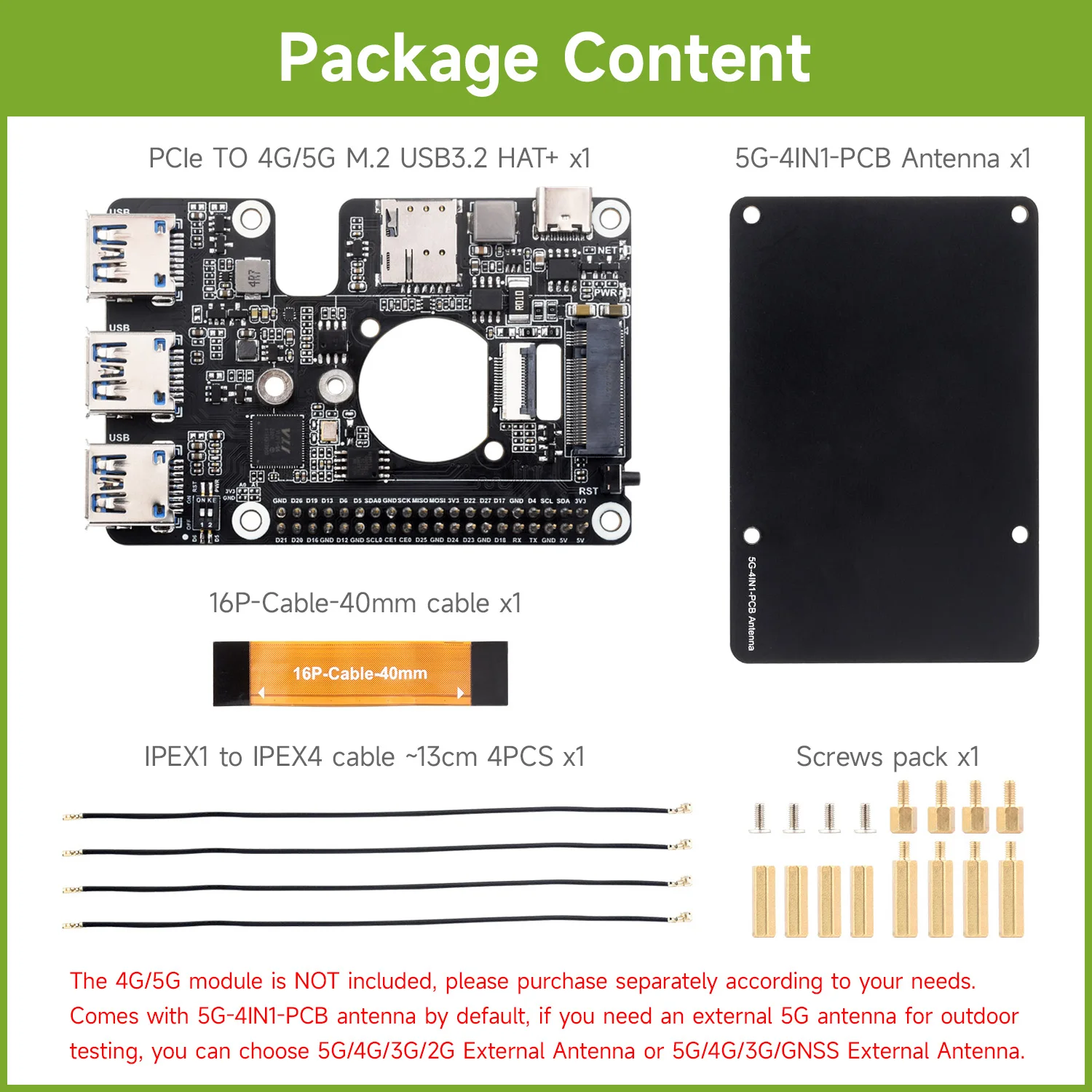 PCIe TO 4G/5G M.2 USB3.2 HAT+ 웨이브쉐어 (라즈베리 파이 5용) SIMCom Quectel 4G 5G 모듈 호환 라즈베리 파이 5 HAT