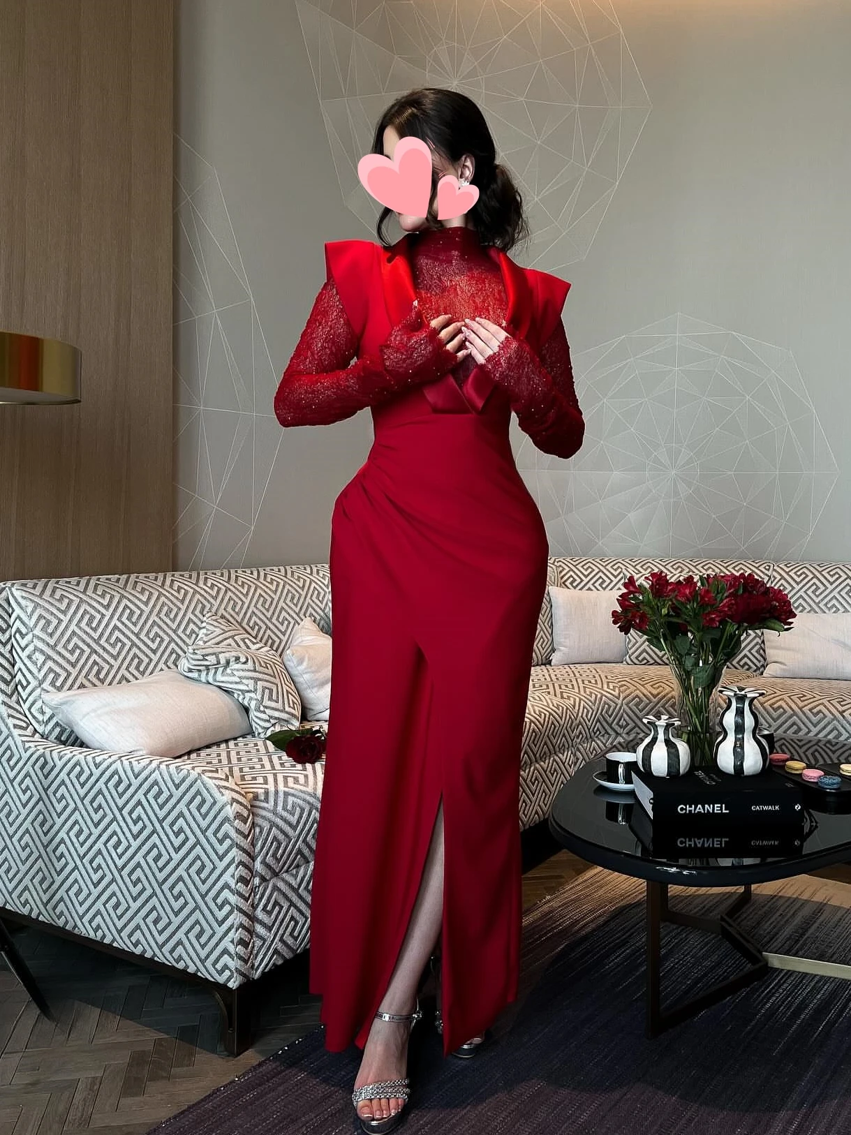 

Oisslec Dress Elegant Vintage Sweet Sexy Red Lace Shiny Slit Stylish Customize Formal Occasion Prom Dress Evening Party Gowns