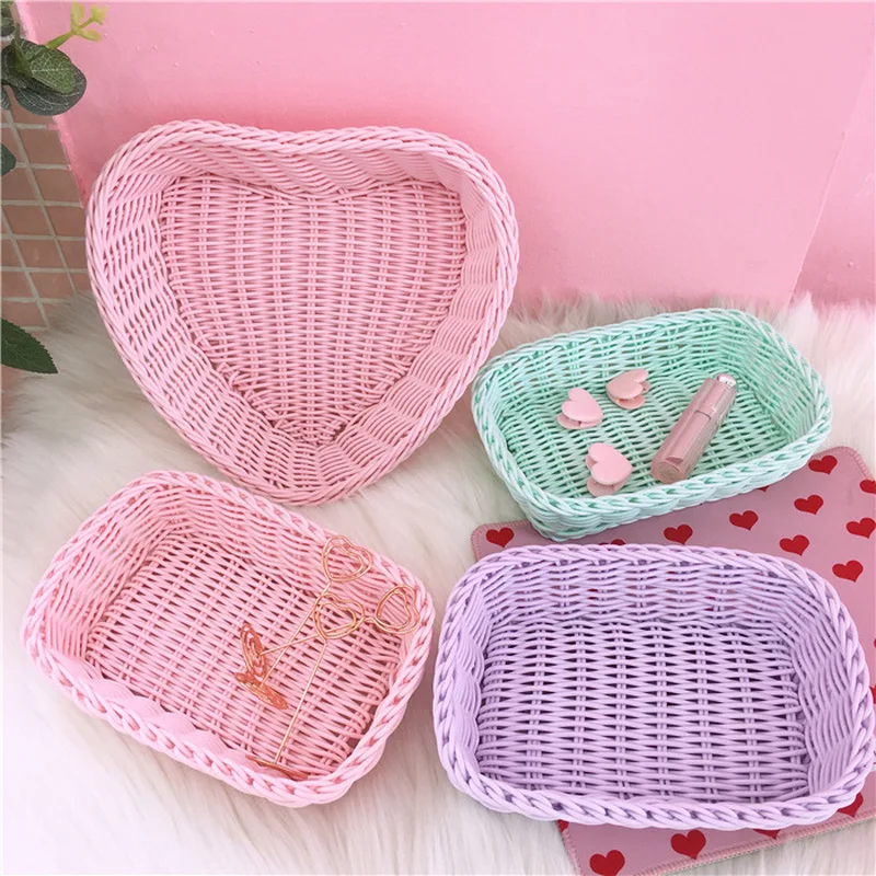 Sweet Color  Princess Cute Heart Shape Weaving Basket Photo Props Home Storage Decoration Basket Nordic Storage Fruit Basket