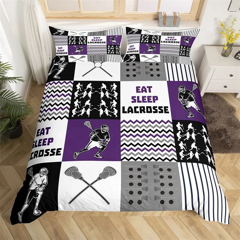 Lacrosse Duvet Cover Sports Theme Bedding Set Single Queen For Boys Gilrs Polyester Lacrosse Player Games Comforter Cover Set