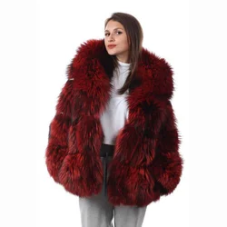 Genuine Dark Red Fox Fur Coat Women Fashion Luxury Outertwear Big Lapel Long Sleeve Warm Furry Natural Fox Fur Jacket Female