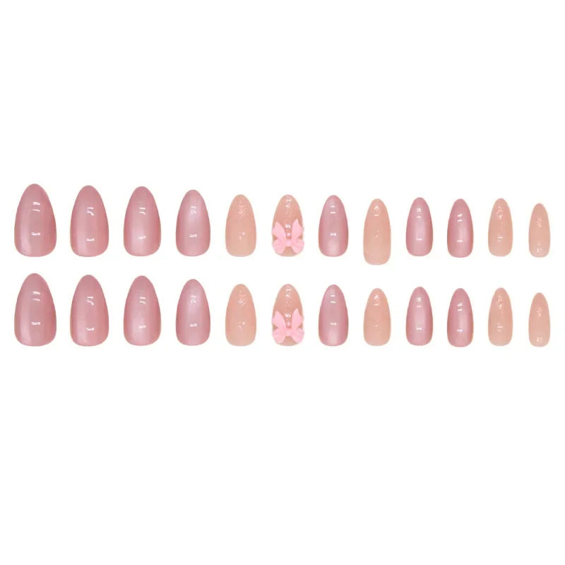 24-delige draagbare afneembare amandel nep-nageltips voor meisjes Koreaanse zoete kunstnagels Roze strikontwerp Druk op nagels Set Groothandel