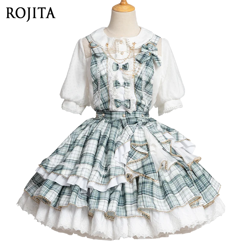 

Lolita Daily Commute Cute Sweet Ruffled Bowknot Matcha Costume Retro Plaid Back Waist Elastic Strap Skirt Women Summer New