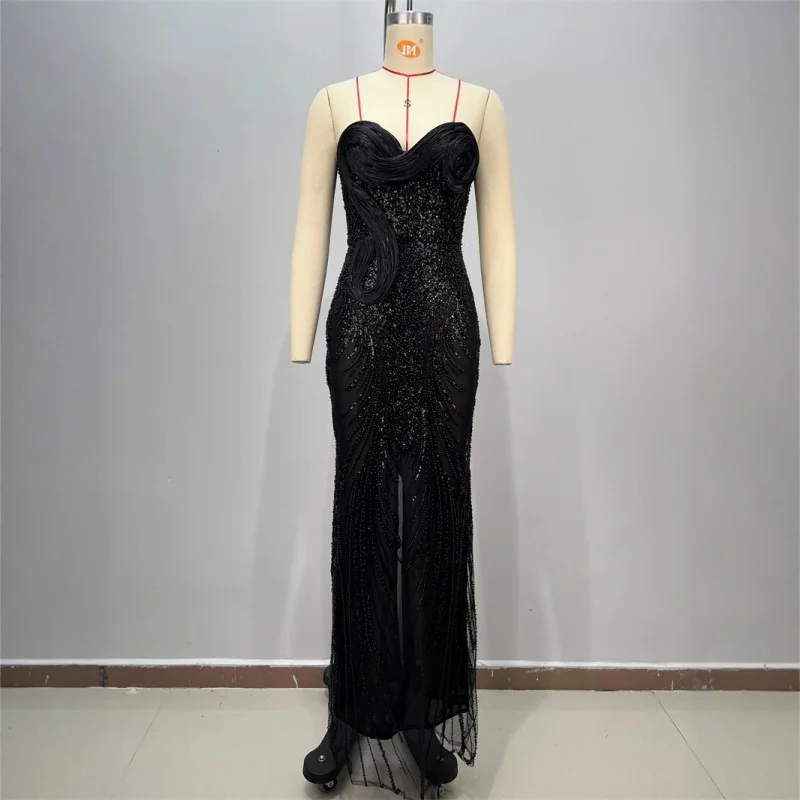 신상 디자인 스팽글 비즈 시스루 메쉬 스트랩리스 드레스 고급 파티 이브닝 가운