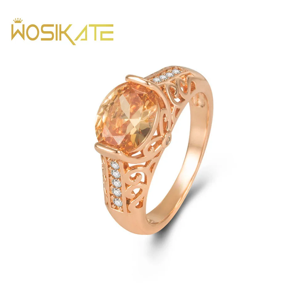 WOSIKATE New Hollow Out Design Champagne Coloured Morganite Gemstone Rose Gold Plated Ring For Women Wedding Jewelry Finger Ring