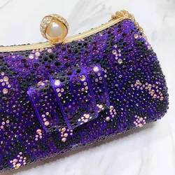 Fashion Italian Designer 2024 Luxury Elegant Pearl Chain Clutch Bag Bright Diamond Print Summer Party Dinner Women's Purple Bag