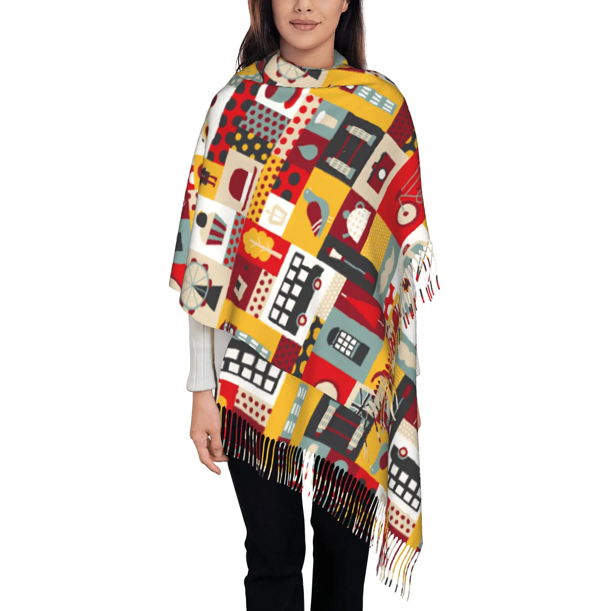 Custom Lady Long Geometric Retro London UK Travel Patchwork  Scarves Women Winter Soft Warm Tassel Shawl Wrap  Scarf
