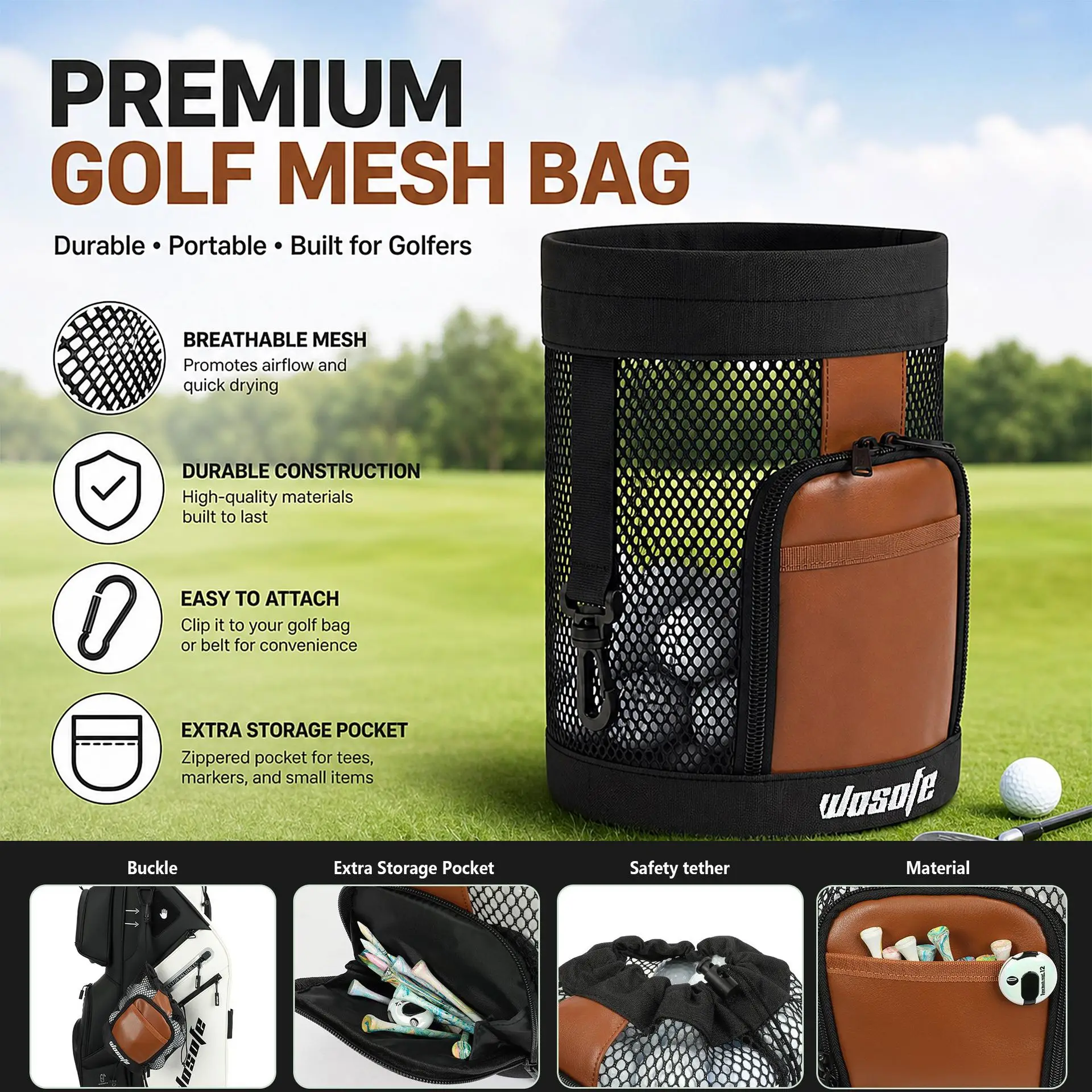 Golf Ball Mesh Storage Bag, Cylinder Golf Ball Holder Pouch with Zipper Pocket, Portable Hanging Golf Ball Container for Golfing