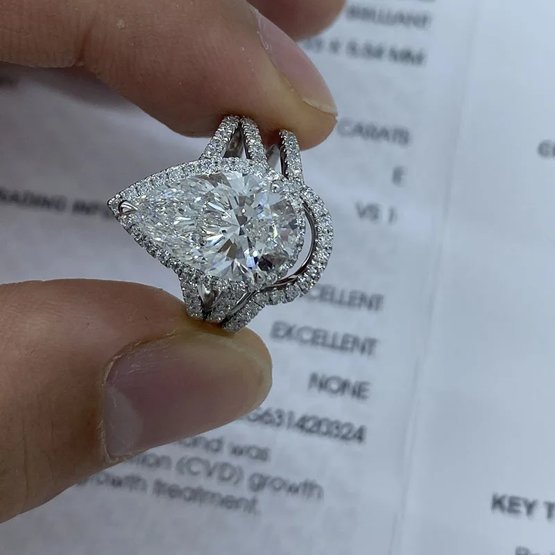 Zestaw pierścionków AEAW 14K z diamentem o szlifie gruszki 4ct, diament laboratoryjny EF VS CVD HPHT, obrączki ślubne dla kobiet, certyfikat IGI