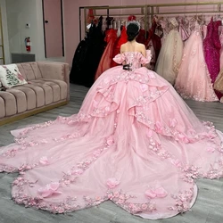 EVLAST Customized Pink Quinceanera Dress Ball Gown Lace Applique Beading Tiered Ruffles Sweet 16 Vestido De 15 Anos TQD453