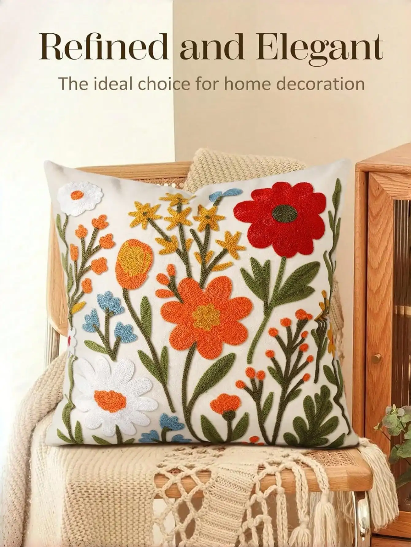 Floral Embroidery Throw Pillow Cover, Bohemian Style Decorative Pillow Sham With Zipper For Living Room Sofa Bed, Aesthetic Flower Cluster Cushion Cover