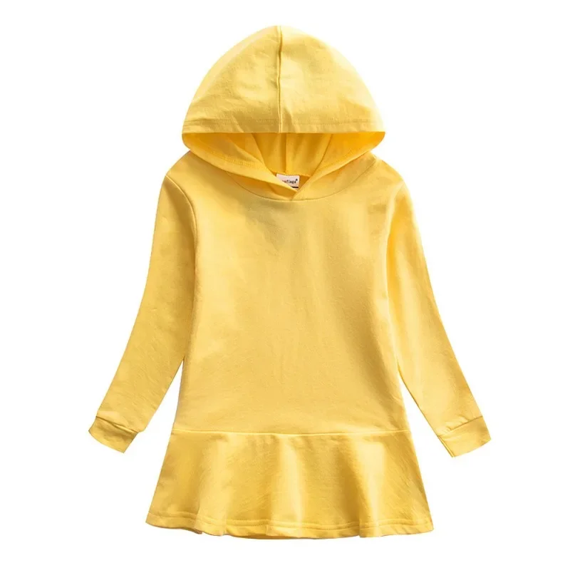 Children Kids Hooded Sweatshirt Dress with Ruffles Girls Cotton Mini Dress for Spring Autumn Blank White DIY Custom LOGO Image