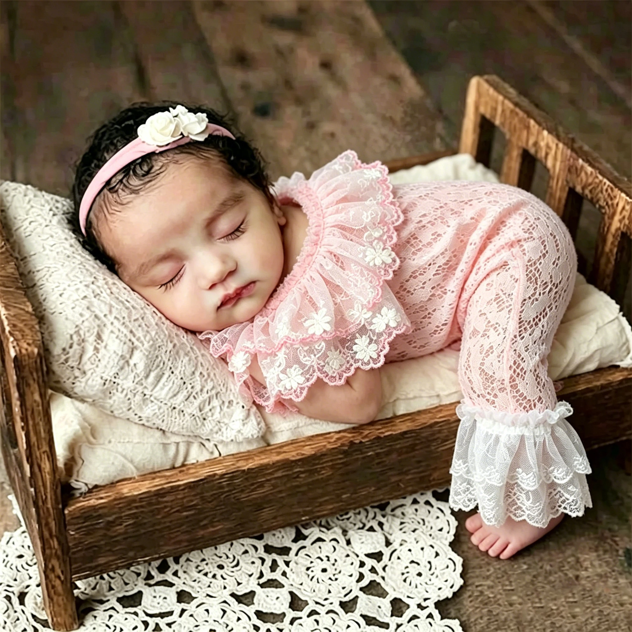 YLSTEED Newborn Lace Photography Outfit with Flower Headband 0-3M Baby Girl Romper Flare Sleeve Infant Photo Shoot Costume