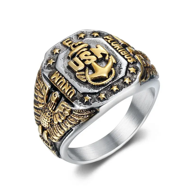 Hip Hop Bling Gold Color Stainless Steel US Navy USN Eagle Anchor Ring chunky Men Signet Rings for Men Jewelry Plus Size 8-15