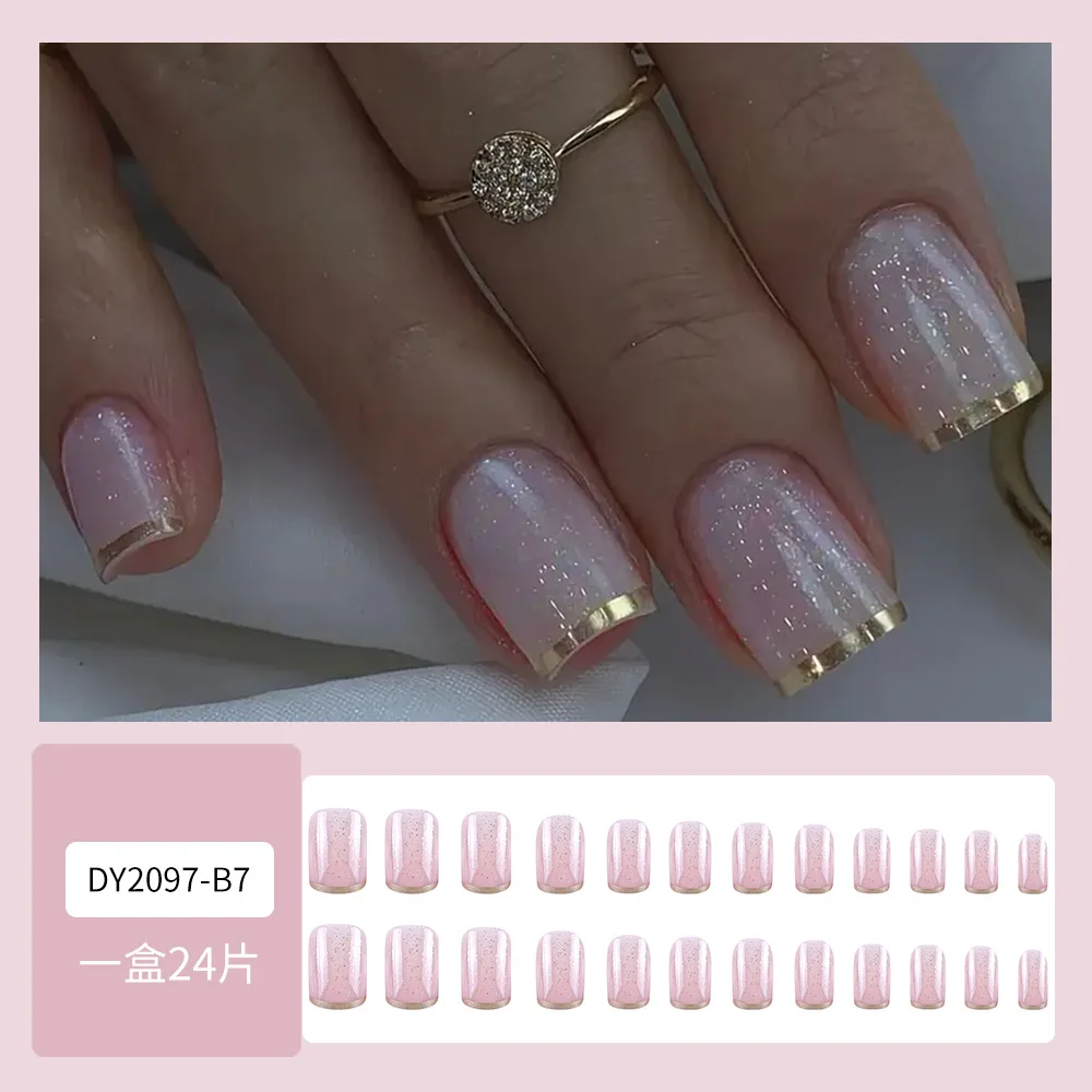 24 pezzi di unghie francesi dorate punte per unghie glitter finte unghie corte coreane presse per unghie unghie incollate estetiche per donne unghie finte