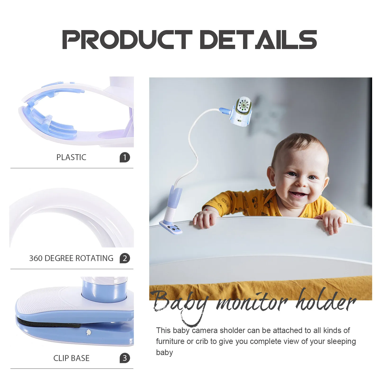 Adjustable Baby Monitor Stand Holder with 360 Degree Swivel Flexible Gooseneck Arm Large Non Scratch Clamp for Crib Desk Bedside