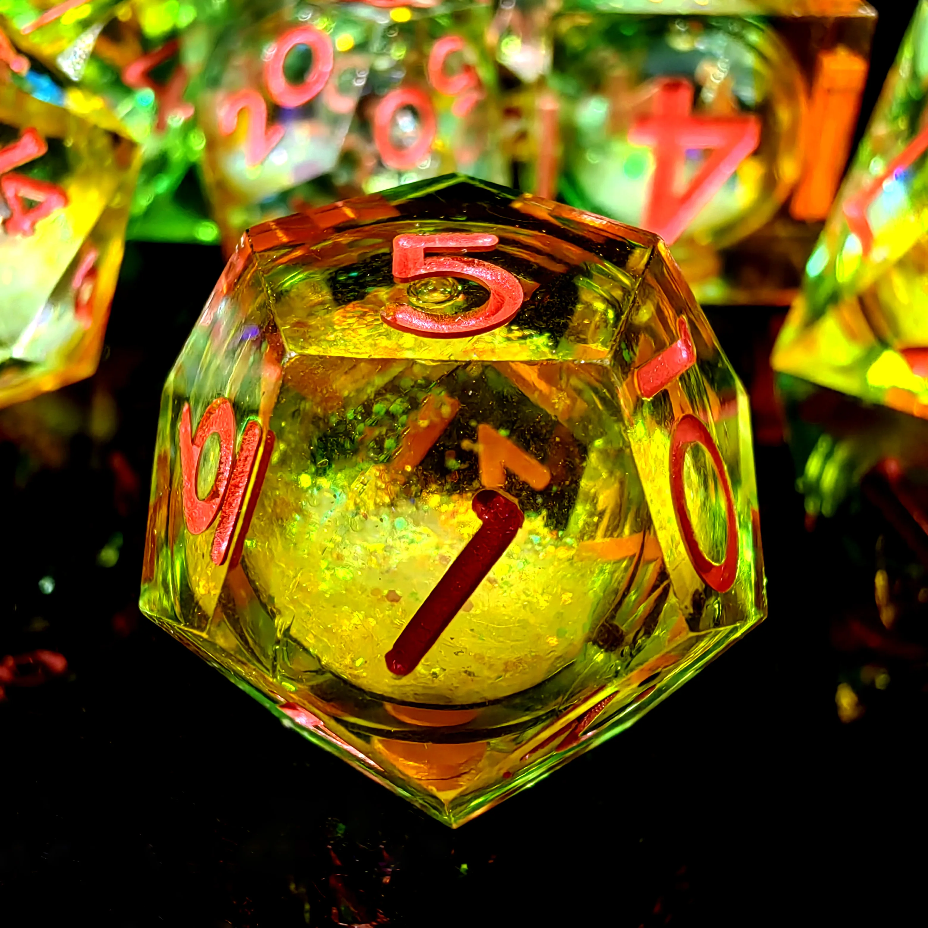 DnD Dice Set - 7 Piece Resin Dice with Green Flowing Sand, Transparent Base & Red Numbers for RPG & Board Games