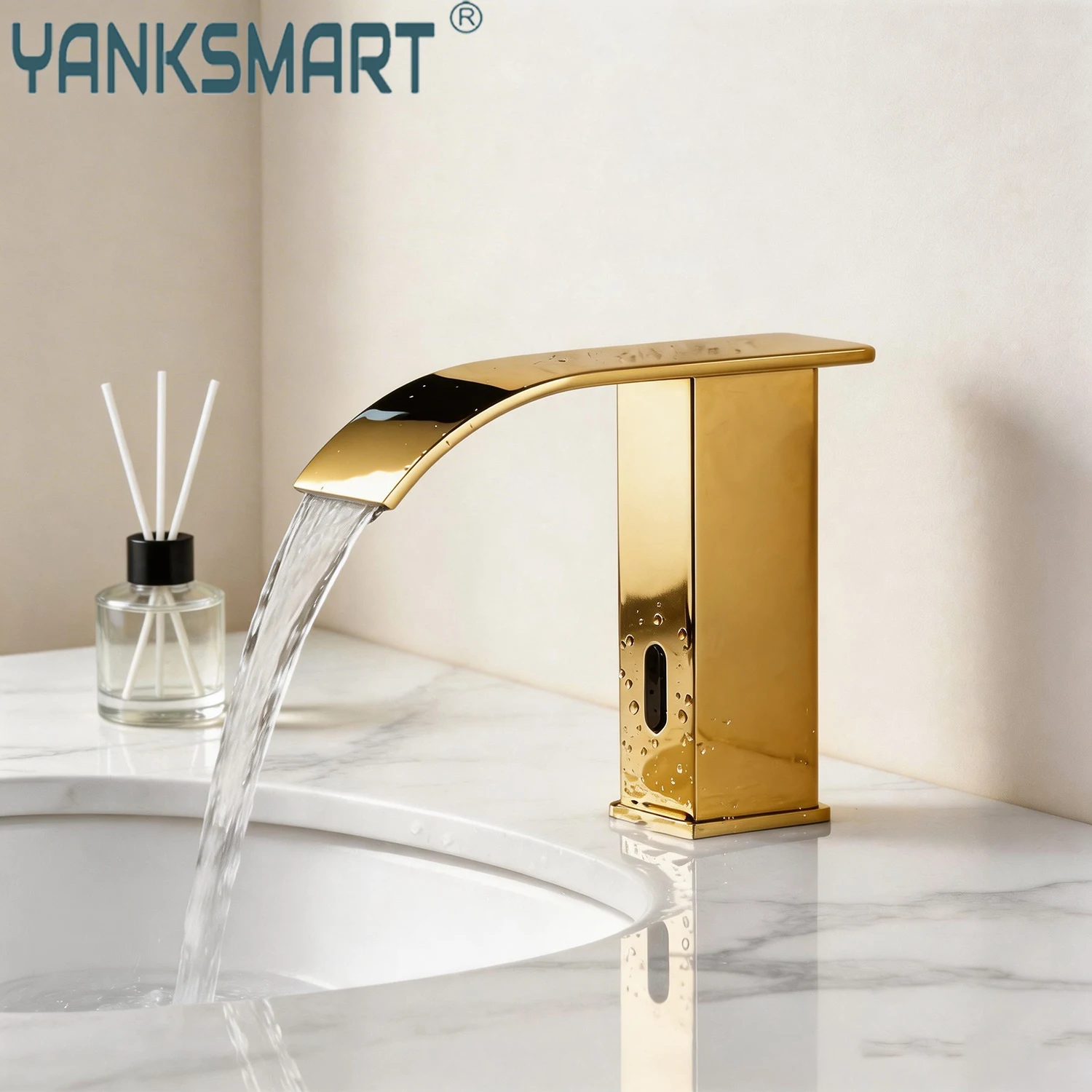 

YANKSMART Bathroom Automatic Touch Sensor Faucet Matte Black Deck Mounted Waterfall Spout Solid Brass Smart Sensor Mixer Tap
