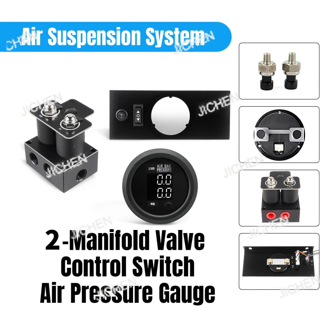 

1-Way Air Ride Suspension Controller With 2-Manifold valve ,Switch control gasket and 2in1 BAR/PSI Pressure Gauge
