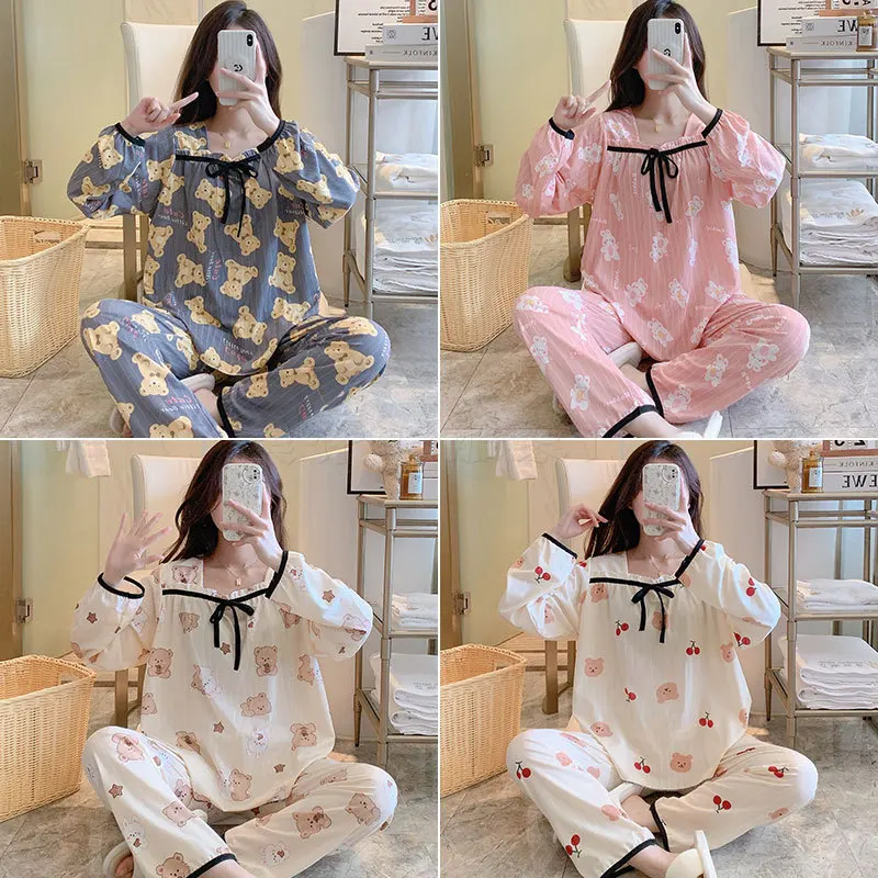 New 2-Piece Monthly Clothing Nursing Clothes Spring And Summer Large Size Cotton Maternity Nursing Pajamas Long-Sleeved Suit