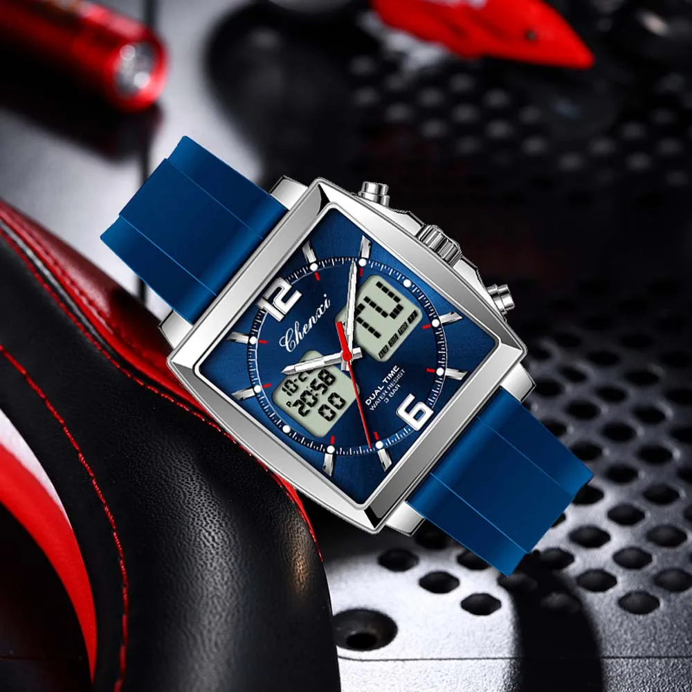 CHENXI Fashion MultiFunction Men's Quartz Watch Date Display Waterproof Silicone Strap Dual-Display Digital Men's Wristwatch