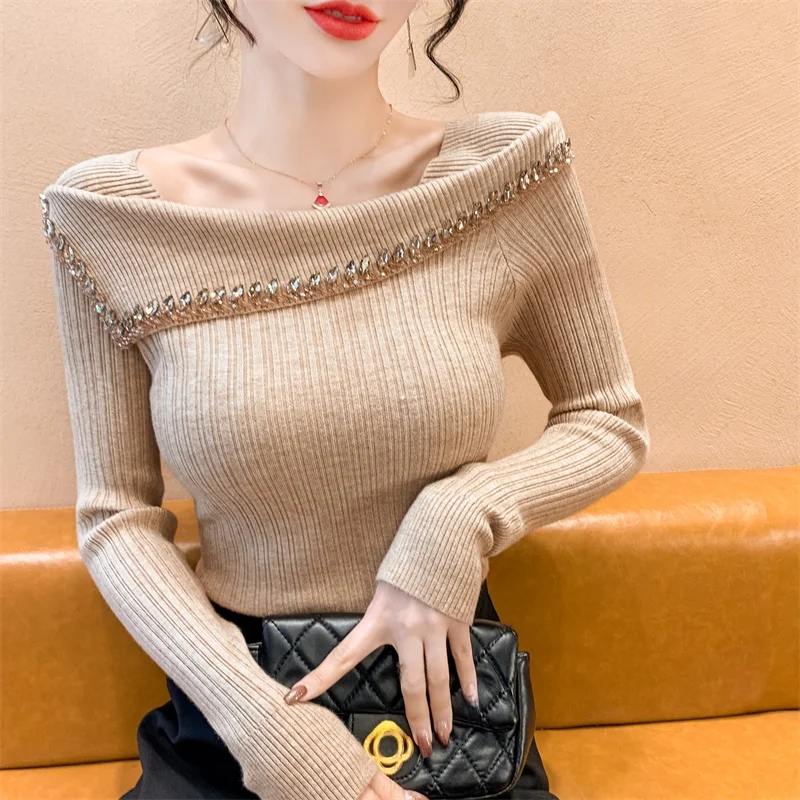 

Женский тяжелый свитер с бриллиантами, длинный све, внутренняя одежда, модный сли, осенне-зимний дизайн, облегающий трикотаж