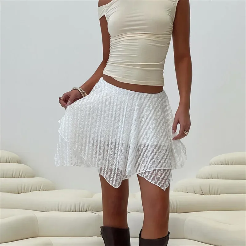 

2024 Fashion Sweet Lace Flower Layered Ruffled Skirt Womens Fashion High Waist A-Line Mini Skirt for Daily Party Club Streetwear