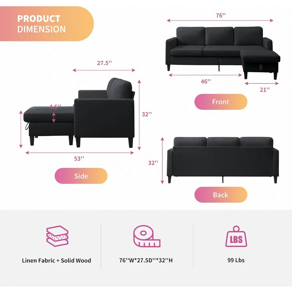 Современный трансформируемый секционный диван с пуфом для хранения вещей, маленькая льняная ткань, подвижный пуфик, свободный комбинированный диван L-образной формы, пространство