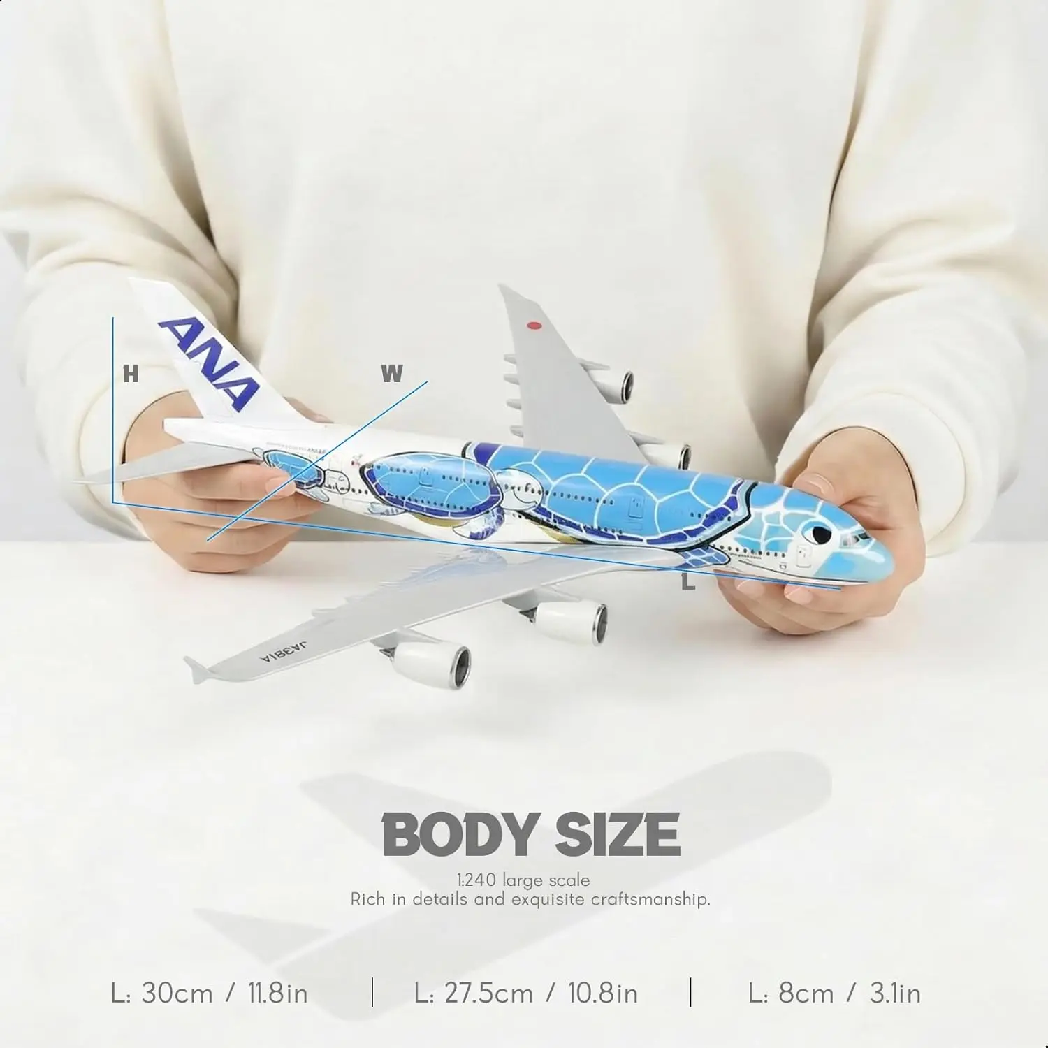 30cm ANA Turtle A380 Diecast Resin Airplane Model with Stand Wheel for Aviation Souvenir Gift, Home or Office Desktop Decor